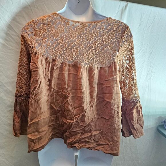 2000s tan brown lace bell sleeve blouse - Picture 4 of 7